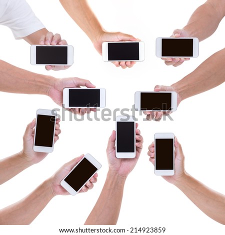 Collection of Man hands holding mobile phone isolated on white background Royalty-Free Stock Photo #214923859