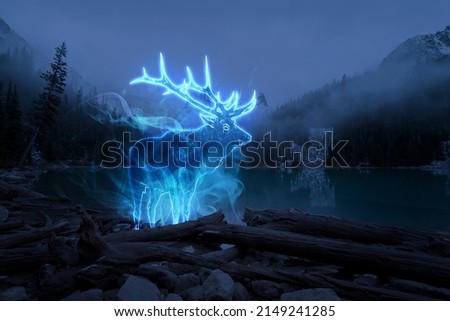 Halloween ghosts and spirits by the lakeside painted in bright neon Royalty-Free Stock Photo #2149241285