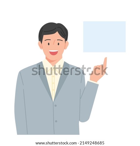 Business man pointing his finger up and talking. flat design style vector illustration.