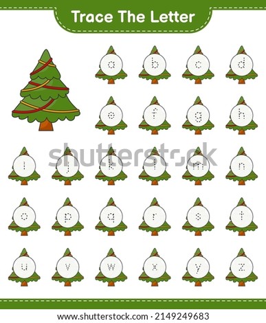 Trace the letter. Tracing letter alphabet with Christmas Tree. Educational children game, printable worksheet, vector illustration