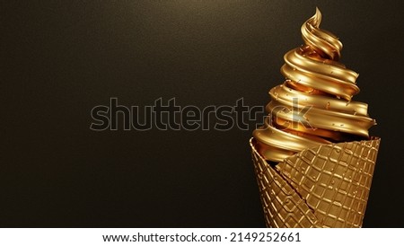 3d rendering Ice cream cone gold color Images, Food Drink Object Concept Design Realistic illustretion on black background rough, for ad inspiration creative banner webside or print.