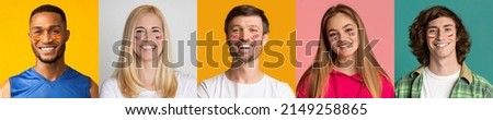 Collection of sport supporters happy multiracial men and women faces, cheeks painted into various football countries national flags, colorful backgrounds, panorama, collage. Fan, sport concept