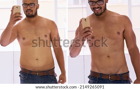 Dang I look great. Shot of a handsome young man taking a selfie before and after his diet. Royalty-Free Stock Photo #2149265091