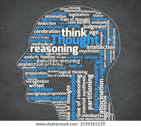 Search your mind. A graphic illustration of an outline of persons profile filled with thought-related words.