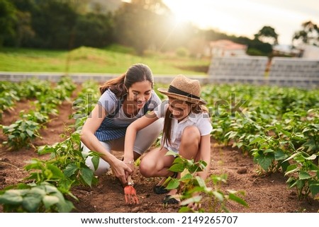 Working the land. Shot of an attractive young woman and her daughter working the fields on their family farm. Royalty-Free Stock Photo #2149265707