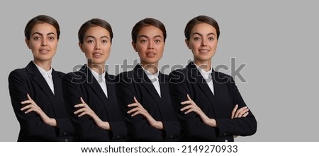 Photo realistic digital collage of four women with swapped artificial faces Royalty-Free Stock Photo #2149270933