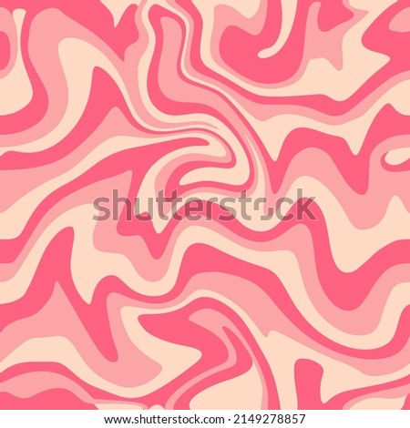 1970 Wavy Swirl Seamless Pattern in Pink and Beige Colors. Hand-Drawn Vector Illustration. Seventies Style, Groovy Background, Wallpaper, Print. Flat Design, Hippie Aesthetic.