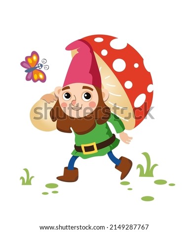 Gnome with mushroom. Cartoon cute character. Vector color illustration. Fairytale man for design of books, posters, postcards.