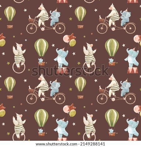 Beautiful children seamless pattern with cute watercolor hand drawn circus animals. Sheep juggle on unicycle, baby elephant with air balloons. Stock illustration.