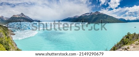 Panoramic picture of an old turquoise ice of Perito Moreno glacier. Los Glaciares national park, Argentina
