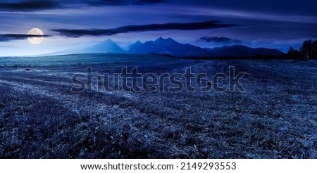 beautiful rural landscape of slovakia at night. idyllic countryside scenery with, fields in summer. high tatra mountain ridge in the distance in full moon light. wonderful cloudscape on the sky