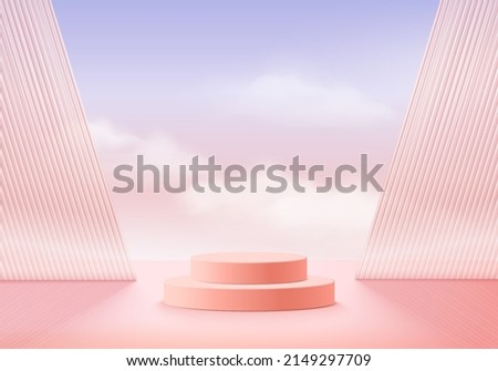 Background vector 3d pink rendering with podium and minimal cloud scene, minimal product display background 3d rendered geometric shape sky cloud pink pastel. Stage 3d render product in platform Royalty-Free Stock Photo #2149297709