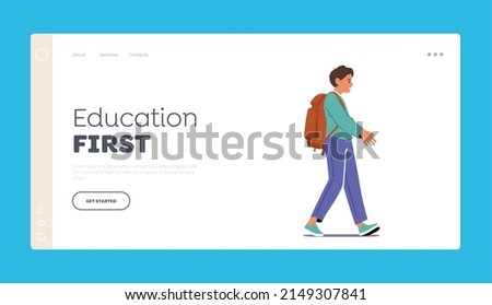 Kids Learning Concept for Landing Page Template. Student with Schoolbag Walk to School. Pupil Male Character Uniform and Rucksack Go for Education and Knowledges. Cartoon People Vector Illustration