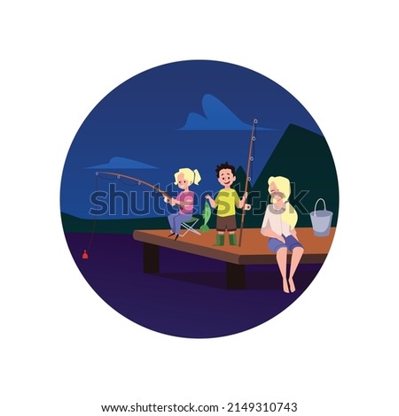 Circle banner or badge with family fishing at night, flat cartoon vector illustration isolated on white background. Family summer camping and fishing banner.