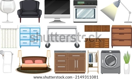 Furniture and household appliances on white background illustration