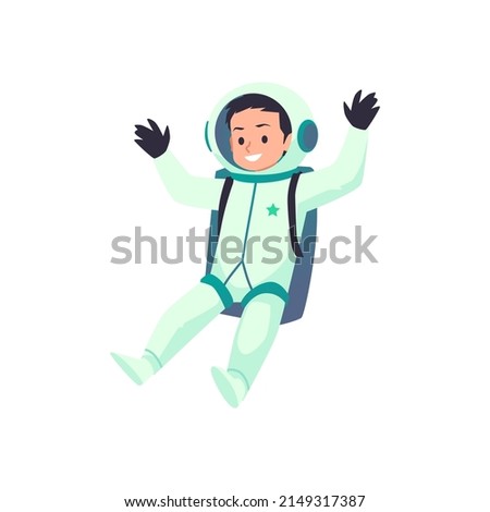 Astronaut kid cartoon character in spacesuit flies in zero gravity isolated on white background. Flat illustration with cute smiling spaceman boy. Space adventures, travel through universe Royalty-Free Stock Photo #2149317387