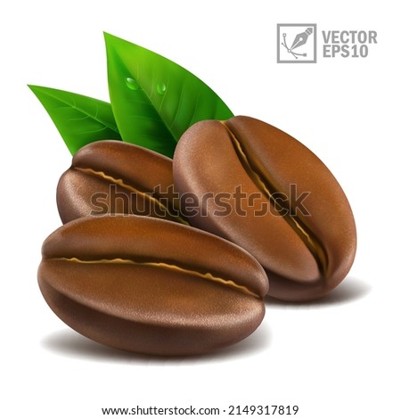 3d realistic macro set of three coffee beans with leaves Royalty-Free Stock Photo #2149317819