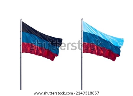 Waving flags of Donetsk People's Republic and Lugansk People's Republic isolated on a white background.