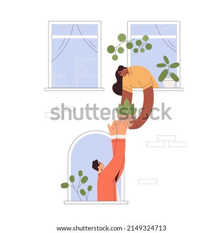 Good neighborhood concept. Neighbors help, woman sharing potted house plant, giving to man from open window. Neighbours friendship. Flat graphic vector illustration isolated on white background Royalty-Free Stock Photo #2149324713