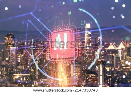 Double exposure of creative artificial Intelligence abbreviation hologram on San Francisco office buildings background. Future technology and AI concept