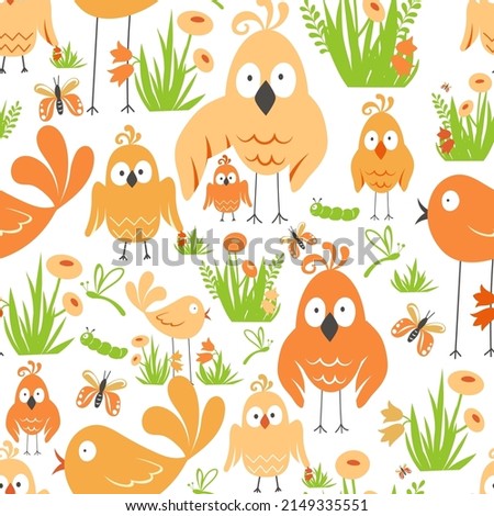 Vector illustration with insects and birds. Nature, birds, flowers and insects. Vector illustration is suitable for childrens postcards and books.