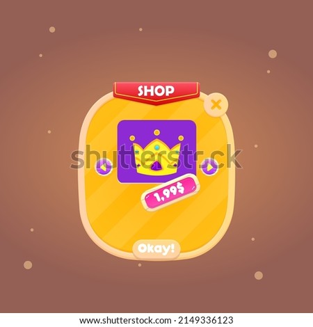 Game UI Pop Up Window Shop Crown Price  Red Flag Header Orange Brown Particles Cute Colorful Cartoon Vector Design
