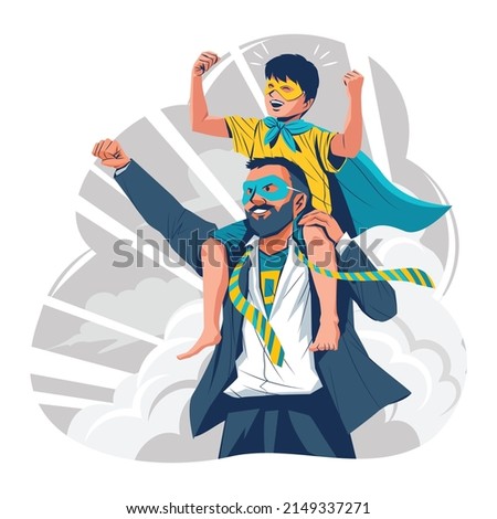 Happy Father's day greeting card. Dad in superhero costume holds son on his shoulders. Cheerful cartoon characters. Vector illustration Royalty-Free Stock Photo #2149337271