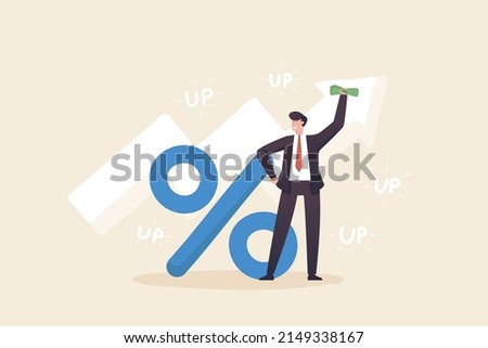 Exponential profit growth, investment income, business profit or the stock market, salary increases, Deposit interest, bond profit. Happy businessman leaning on a large percentage sign symbol. Royalty-Free Stock Photo #2149338167