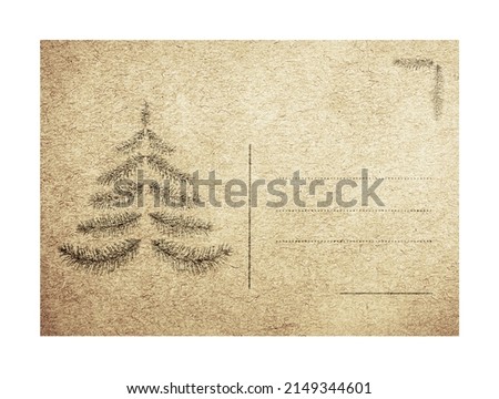 christmas theme, old vintage postcard with christmas tree image on a white background
