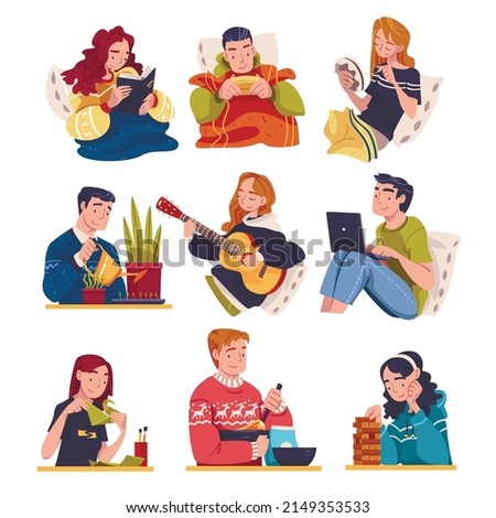 People Character in Self-isolation Engaged in Recreation Activity Vector Illustration Set