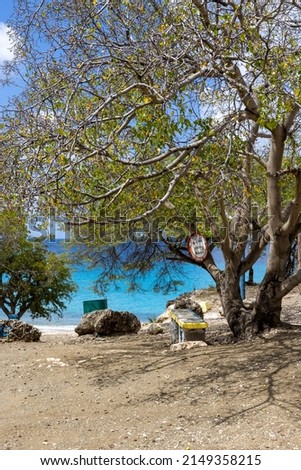 Poisonous manchineel tree with a warning sign at the access to Playa Jeremi on the Caribbean island Curacao