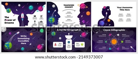 Startup vector Infographic. Rocket launch into space. Human head. Satellite concept. Universe background. Presentation slide template. Business success diagram chart. 