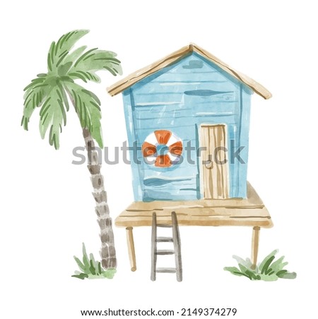 Watercolor wooden blue bungalow. Hand-drawn illustration isolated on the white background Royalty-Free Stock Photo #2149374279
