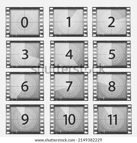 Big set a classic film countdown frame at the number one, two, three, four, five, six, seven, eight and nine. Old film movie timer count. Movies countdown set. 