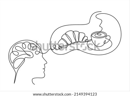 continuous stylized modern drawing of a human head and brain thinking about a Croissant and coffee, thinking about food. Time to eat. flat vector linear illustration on a white background. 