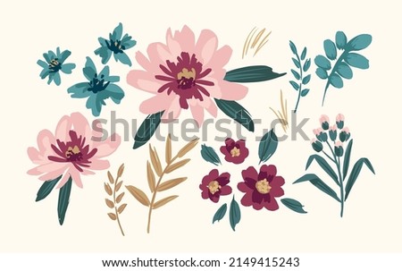 Set of floral design elements. Leaves, flowers, grass, branches. Vector illustration