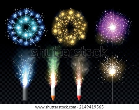 Realistic pyrotechnics. Festive fireworks types. 3D holiday explosions and roman candles. Rockets and sparkling fountain. Bengal light. Glowing petard bursts. Vector Royalty-Free Stock Photo #2149419565