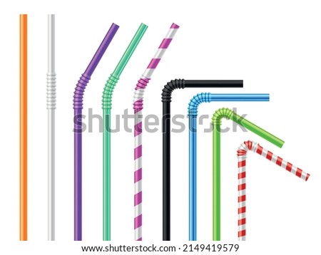 Realistic color drinking straw. Plastic bendy pipes for cold beverages. Flexible paper bar liquid sucking accessories. Disposable tubes for juice or soda. Vector cocktail Royalty-Free Stock Photo #2149419579