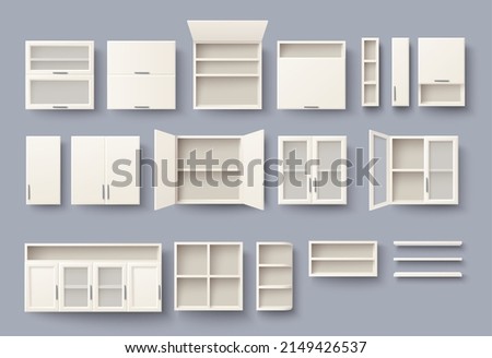 Kitchen cabinets set mockup. Vector furniture for design interior. Cabinetry, cupboard, bookshelf and shelves mounted on wall. Isolated home workspace equipment Royalty-Free Stock Photo #2149426537