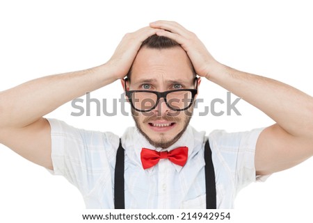 Nerdy businessman feeling stressed out on white background