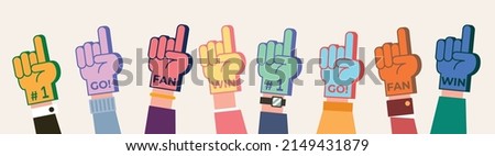 Fan foam fingers. Hands up with glove with number one, stadium supporter pride accessory, football victory symbol, success vector concept. Best sport team cheering, first place in competition Royalty-Free Stock Photo #2149431879