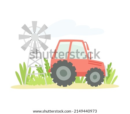 Gardening with Tractor and Windmill as Plant Cultivation and Agriculture Vector Illustration