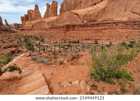 Arches National Park at Midday - Arches has many arches including the famous Delicate Arch, the Window Arch, the Double Arch and other features such as Tower of Babel, Turret Arch, and the Courthouse  Royalty-Free Stock Photo #2149449121