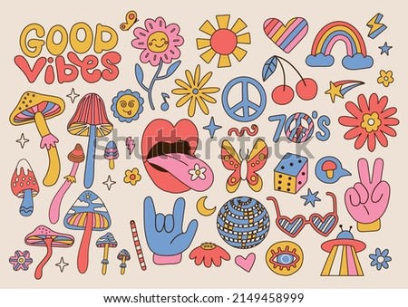 Big set of Retro 70s groovy elements, cute funky hippy stickers. Cartoon daisy flowers, mushrooms, peace sign, lips, rainbow, hippie collection. Positive hand drdawn vector isolated symbols . Royalty-Free Stock Photo #2149458999