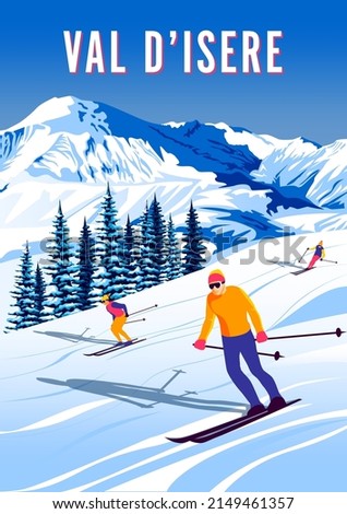 Val D'Isere Travel Poster. Handmade drawing vector illustration. Art Deco style. Royalty-Free Stock Photo #2149461357
