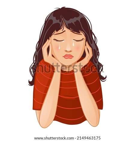 Sad crying cartoon girl in red blouse, vector illustration