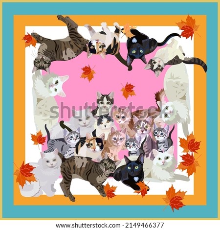 Funny scarf with cats of different colors on a colorful background in vector. Fashion accessory with symbols of the Chinese Year of the Cat, 2023.