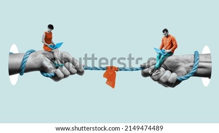Competition between a man and a woman, gender equality. Art collage. Royalty-Free Stock Photo #2149474489