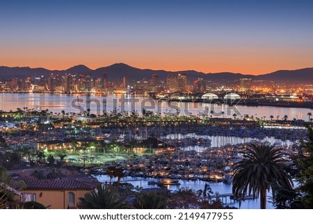 San Diego, California, USA downtown cityscape over the bay at dawn.