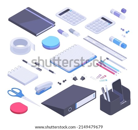 Isometric school desk stationery, 3d office tools, notebook, scissors and pencils. Stationery objects, pen, stapler and glue stick vector symbols illustrations set. School and office supplies